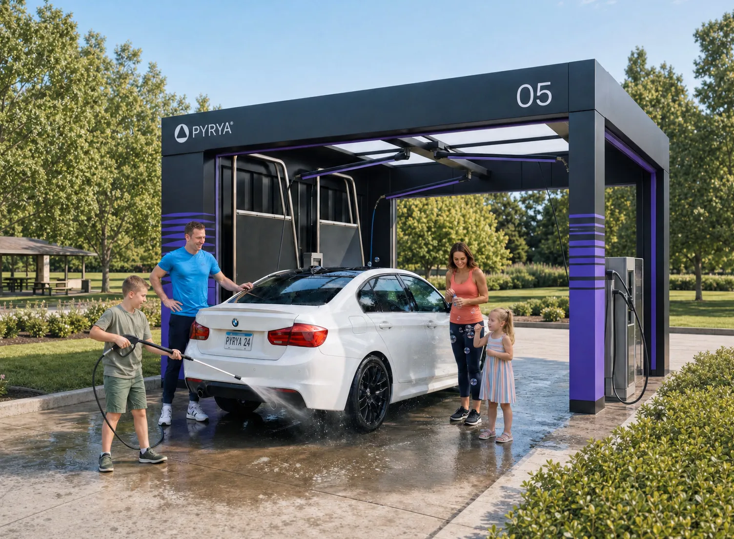 Cliente lavando su auto en el box self-service
